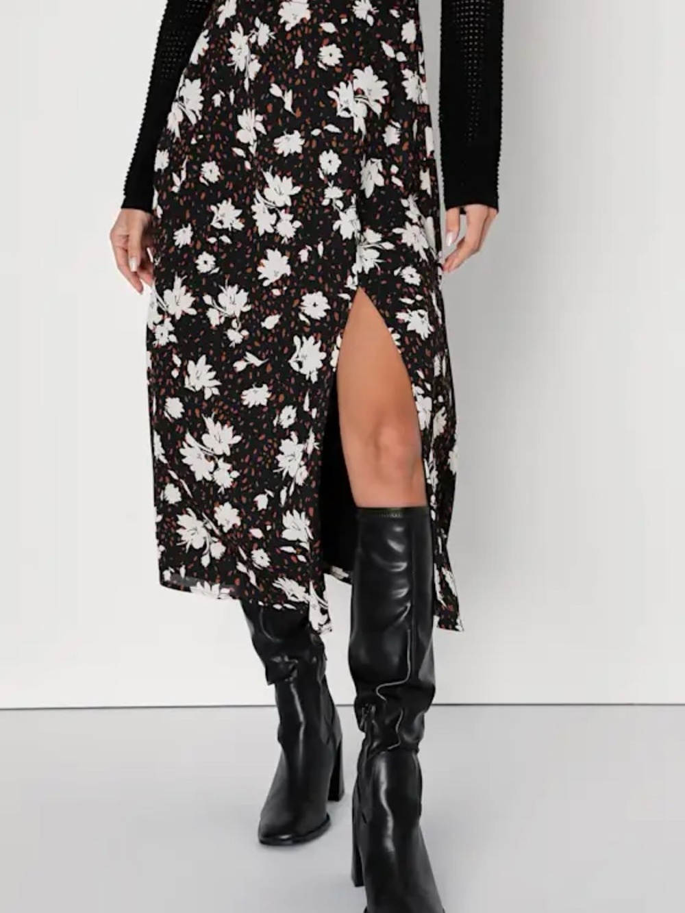 Lulu's Always Praiseworthy Black Floral Midi Skirt with Side Slit